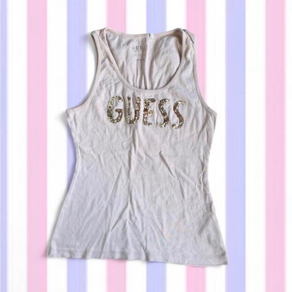 Guess Light Pink Sequin Logo Tank Top